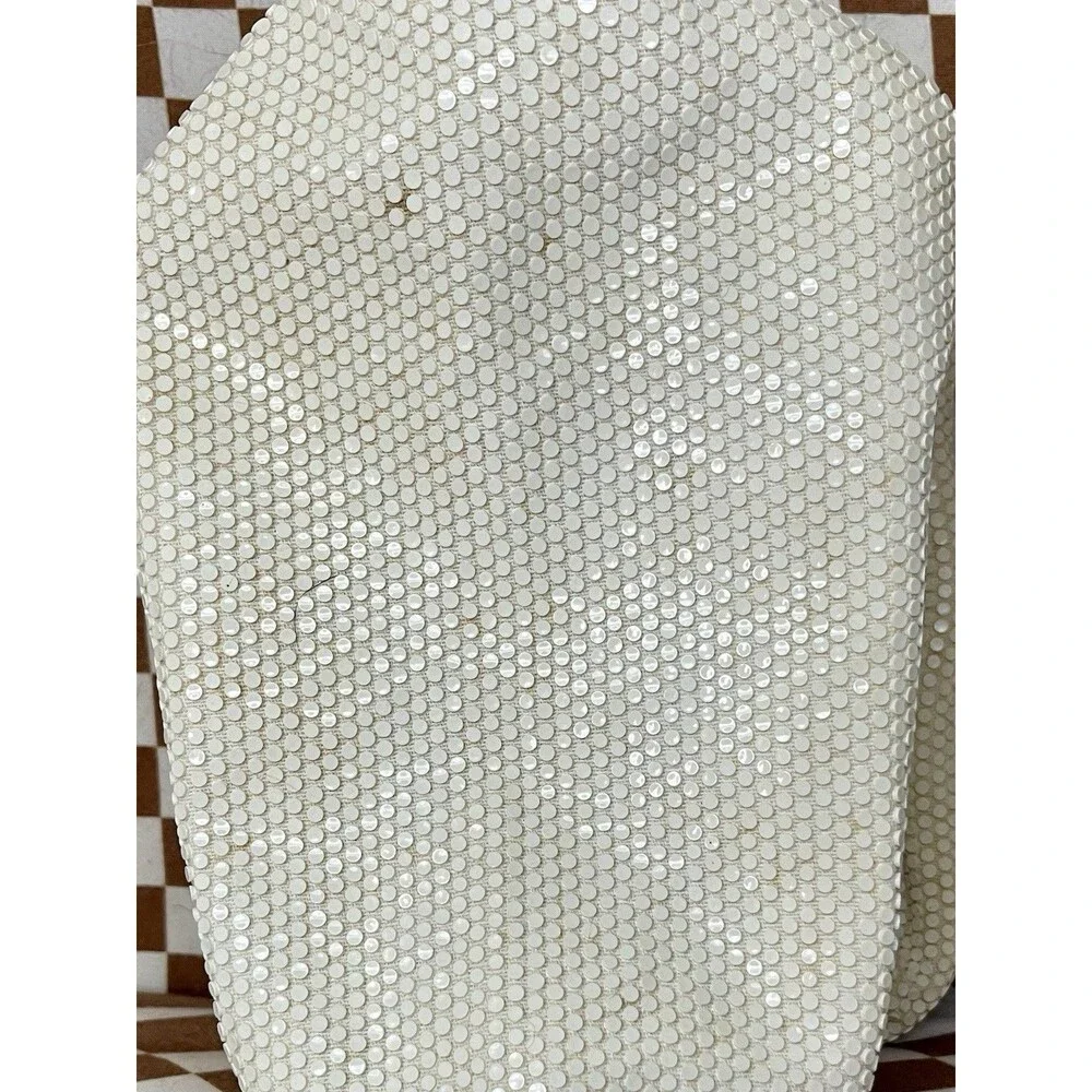 Vintage White Metal Mesh Clutch Purse Mid Century Gate Mouth Evening Bag Bridal